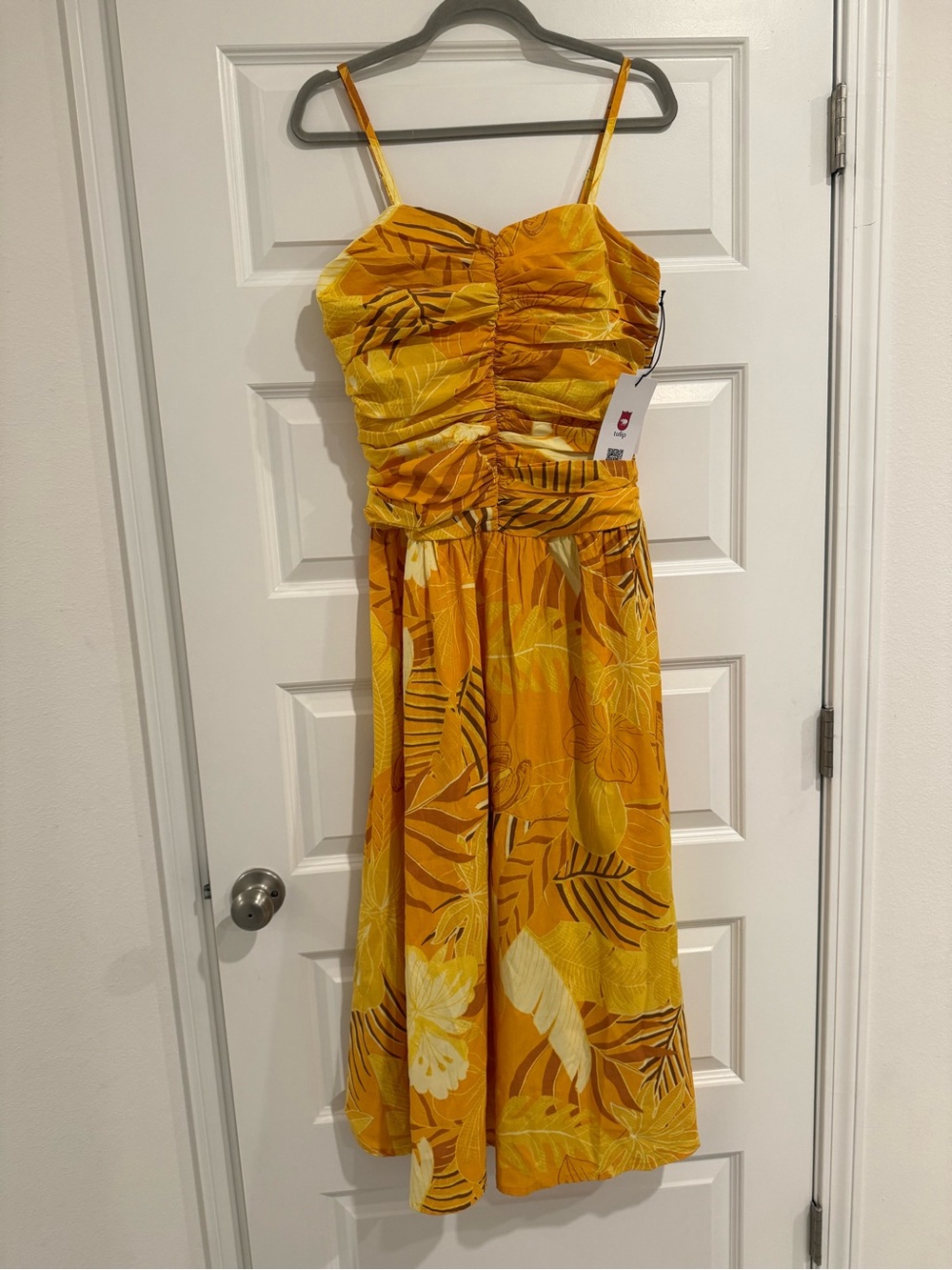 Tulip Creations Yellow Tropical Ruched Spaghetti-Strap Vacation Midi Dress